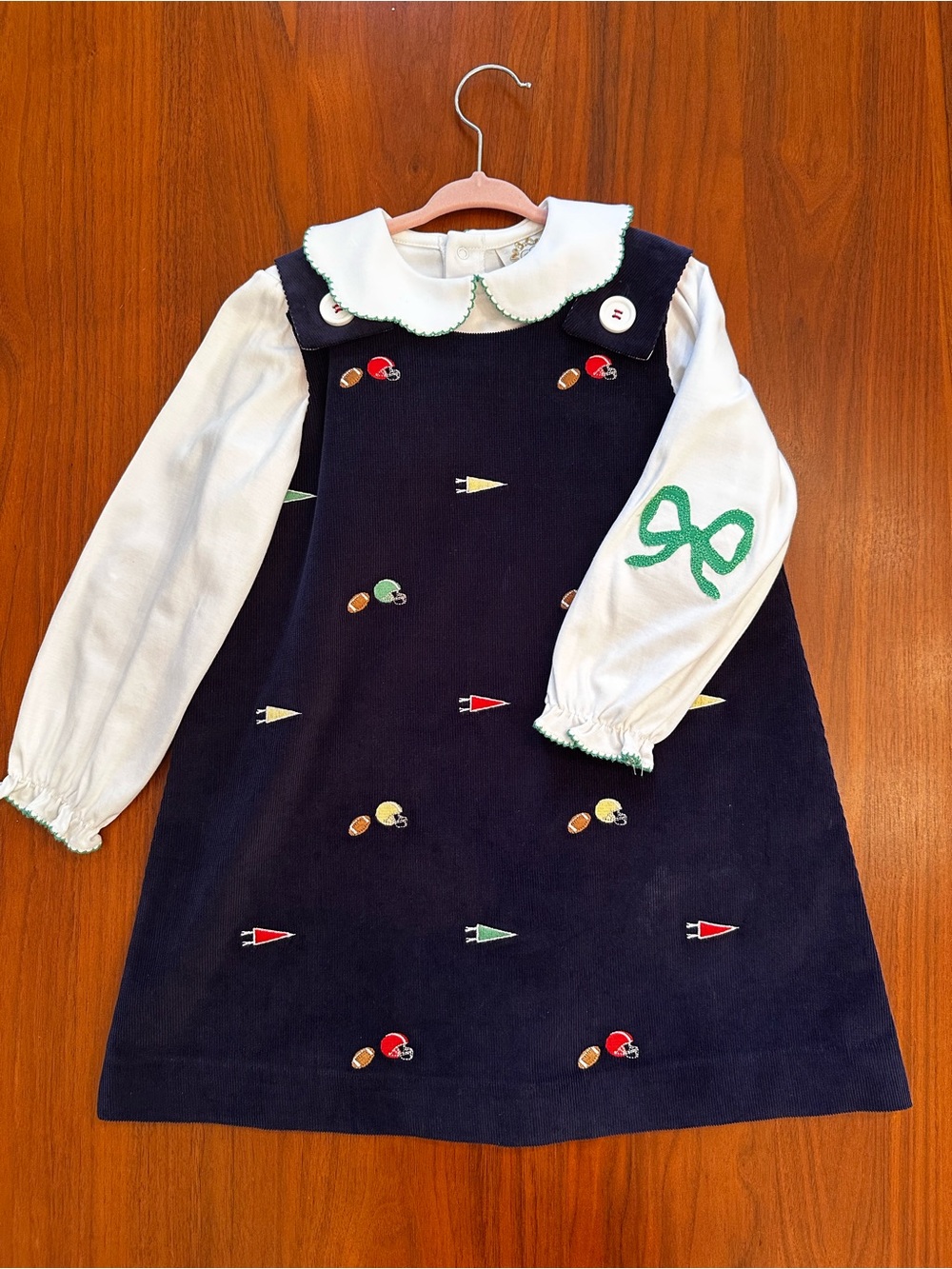 TBBC Girls Navy Corduroy Critter Juliet Jumper Dress with Long Sleeve Blouse